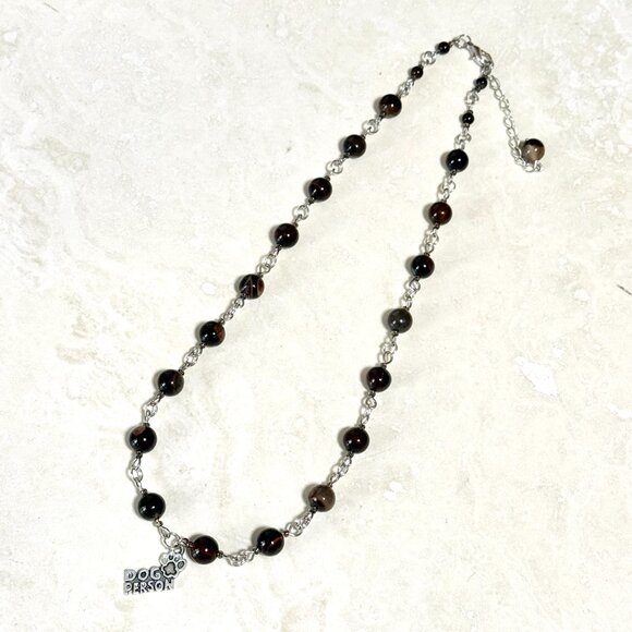 Genuine Dark Brown Agate Necklace, Natural Gemstone & Dog Person Paw Print Charm - Picture 7 of 15